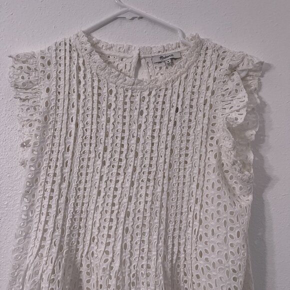 Madewell Eyelet Ruffle-Sleeve Pintuck Mini Dress Mini Lined NEW Size M - Picture 2 of 8